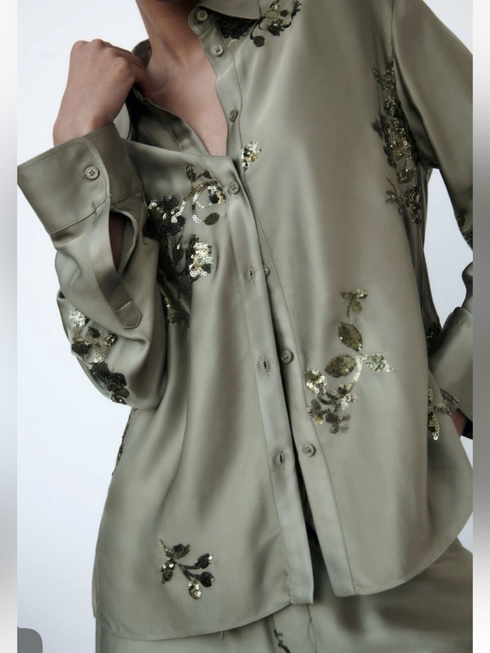 ZARA WOMAN SAGE GREEN SEQUIN SATIN EFFECT SHIRT Top Blouse SIZE M